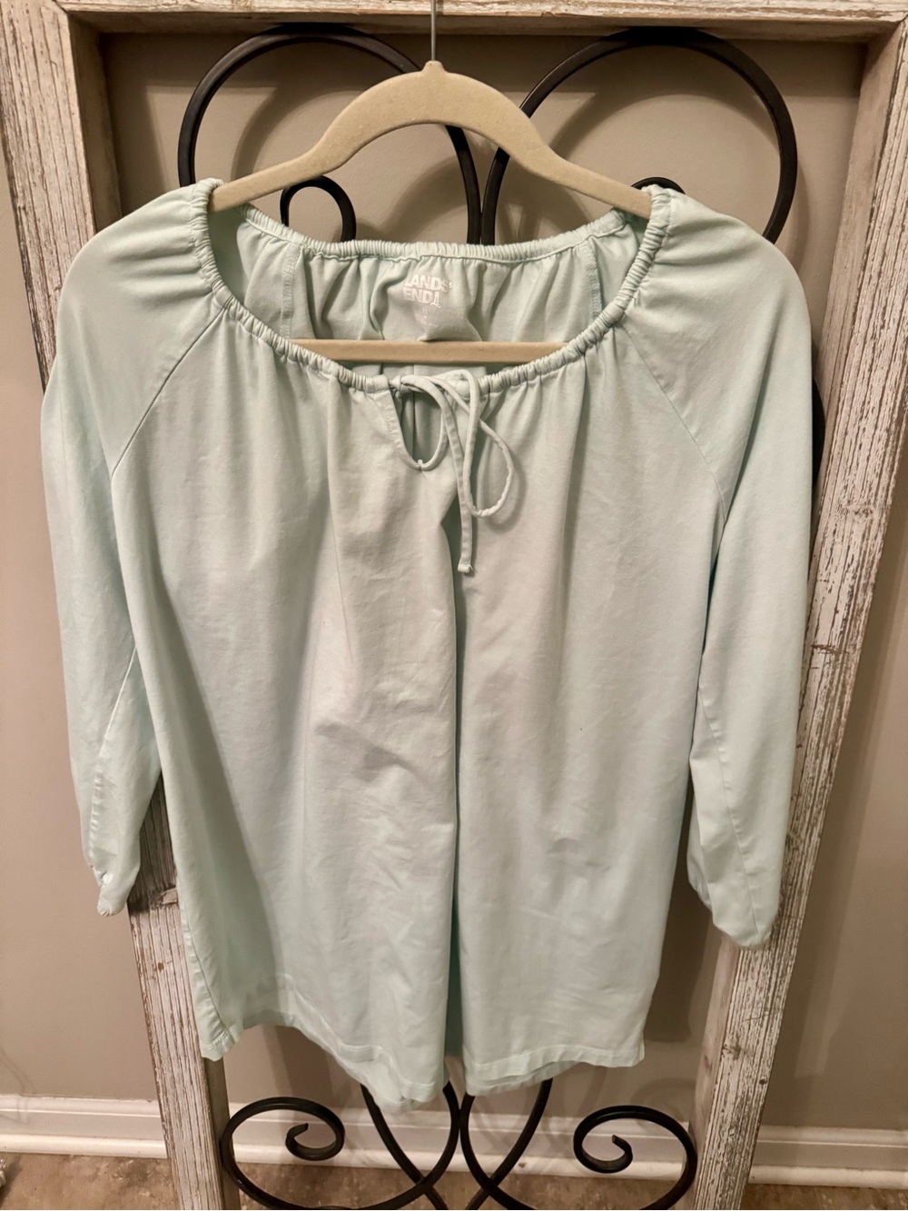 Lands’ End Women’s XL Mint Green Peasant Tunic Tie Neck 3/4 Sleeve Knit Top